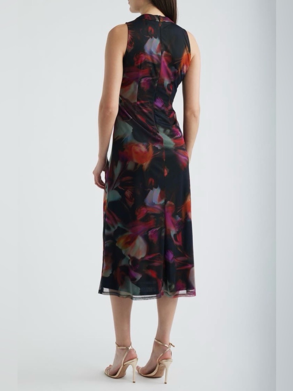 Vince Camuto Floral Printed Mesh Shirred Midi Dress NWT - Picture 2 of 16